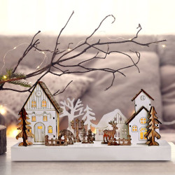 Solight LED vánoční vesnička, 34x17cm, dřevo, 4 LED, 2x AA