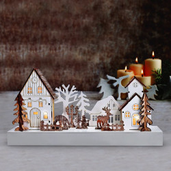 Solight LED vánoční vesnička, 34x17cm, dřevo, 4 LED, 2x AA
