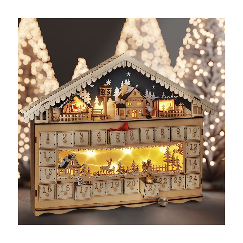 Solight LED adventní kalnedář - horská chata, 10x LED, 50x40cm, 2x AA