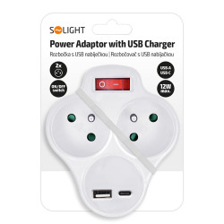 Solight Rozbočka s USB A+C nabíječkou, 2 x 10A, bílá, vypínač