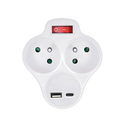 Solight rozbočka s USB A+C rychlonabíječkou 20W PD, 2 x 10A, bílá, vypínač