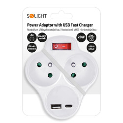 Solight rozbočka s USB A+C rychlonabíječkou 20W PD, 2 x 10A, bílá, vypínač