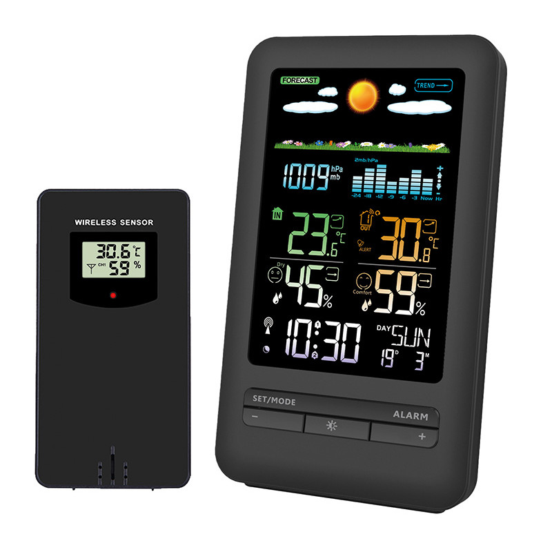 Solight meteostanice, barevný LCD, vnitřní/venkovní teplota a vlhkost, tlak, RCC, černá