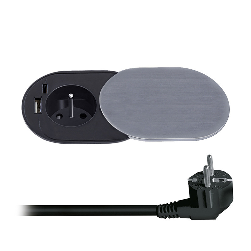 Solight 1z + USB A+C 20W PD vestavná zásuvka s posuvným víčkem, 2m, stříbrná