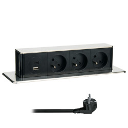 Solight 3z + USB A+C 20W PD výsuvný blok zásuvek, 2m, nerez ocel
