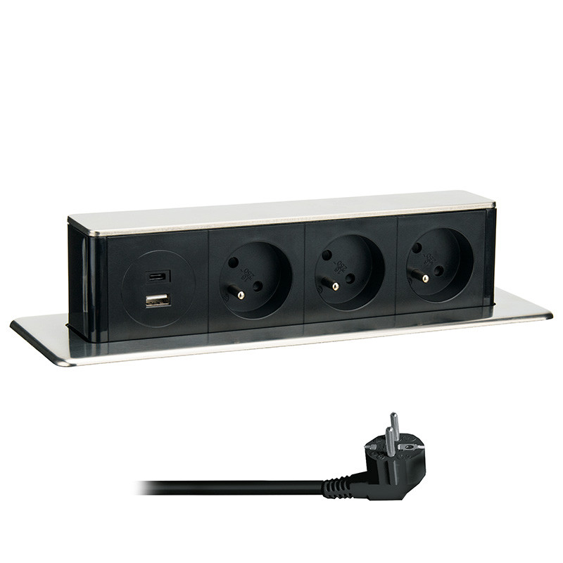 Solight 3z + USB A+C 20W PD výsuvný blok zásuvek, 2m, nerez ocel