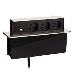 Solight 3z + USB A+C 20W PD výsuvný blok zásuvek, 2m, nerez ocel