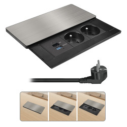 Solight vestavný blok zásuvek s posuvným krytem, 2 zásuvky, USB A+C 65W PD, 2m, stříbrný