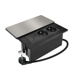 Solight vestavný blok zásuvek s posuvným krytem, 2 zásuvky, HDMI, USB A+C 20W PD, 2m, stříbrný