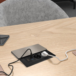 Solight vestavný blok zásuvek s posuvným krytem, 2 zásuvky, HDMI, USB A+C 20W PD, 2m, stříbrný