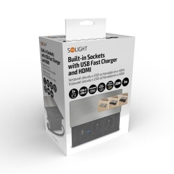Solight vestavný blok zásuvek s posuvným krytem, 2 zásuvky, HDMI, USB A+C 20W PD, 2m, stříbrný