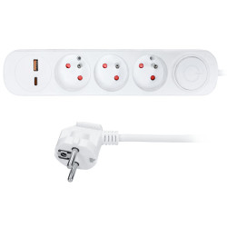 Solight prodlužovací přívod 3 zásuvky, USB A+C 20W PD, 5m, 3 x 1mm2, bílý, vypínač