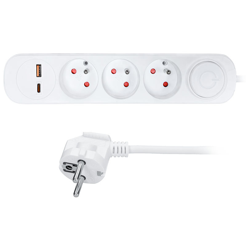 Solight prodlužovací přívod 3 zásuvky, USB A+C 20W PD, 5m, 3 x 1mm2, bílý, vypínač