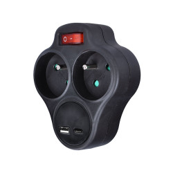 Solight rozbočka s USB A+C rychlonabíječkou 20W PD, 2 x 10A, černá, vypínač