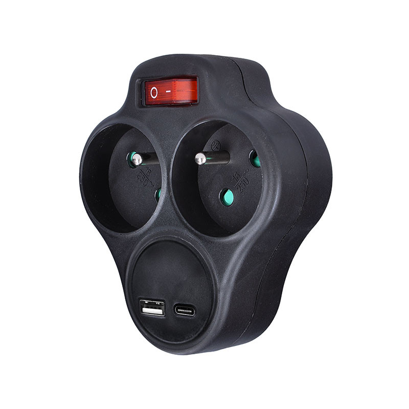 Solight rozbočka s USB A+C rychlonabíječkou 20W PD, 2 x 10A, černá, vypínač