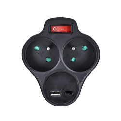 Solight rozbočka s USB A+C rychlonabíječkou 20W PD, 2 x 10A, černá, vypínač