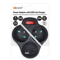 Solight rozbočka s USB A+C rychlonabíječkou 20W PD, 2 x 10A, černá, vypínač