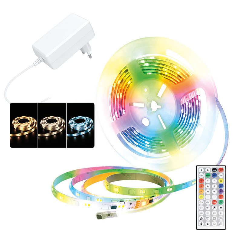 Solight LED světelný pás, RGB + 3CCT, 5m, sada s 24V adaptérem a dálk. ovladačem, 5W/m, IP65